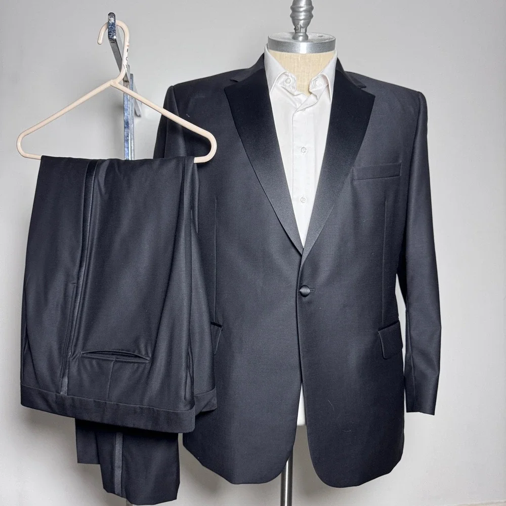 Jos. A. Bank Tuxedo Suit Mens 46R 41x31 Black Solid Wool Notch Lapel Formal